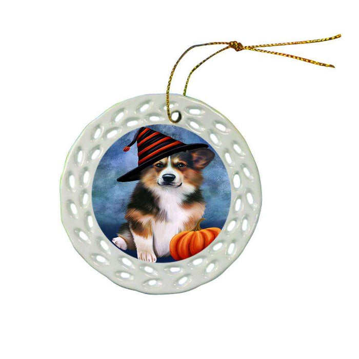 Happy Halloween Welsh Corgi Dog Wearing Witch Hat with Pumpkin Star Porcelain Ornament SPOR54930