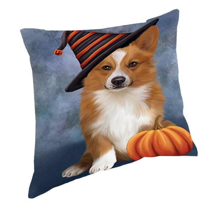 Happy Halloween Welsh Corgi Dog Wearing Witch Hat with Pumpkin Throw Pillow D225