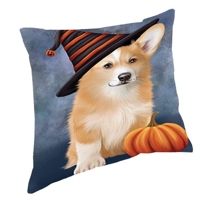 Happy Halloween Welsh Corgi Dog Wearing Witch Hat with Pumpkin Throw Pillow D227