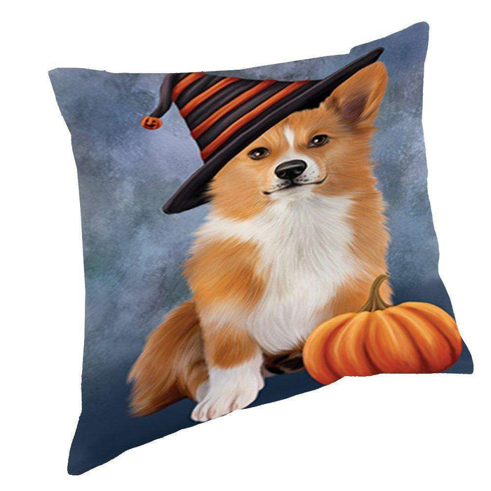 Happy Halloween Welsh Corgi Dog Wearing Witch Hat with Pumpkin Throw Pillow D230