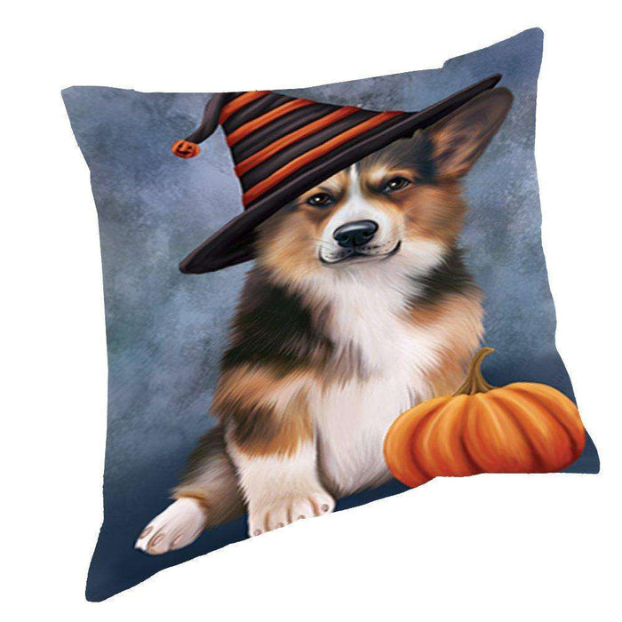 Happy Halloween Welsh Corgi Dog Wearing Witch Hat with Pumpkin Throw Pillow D231