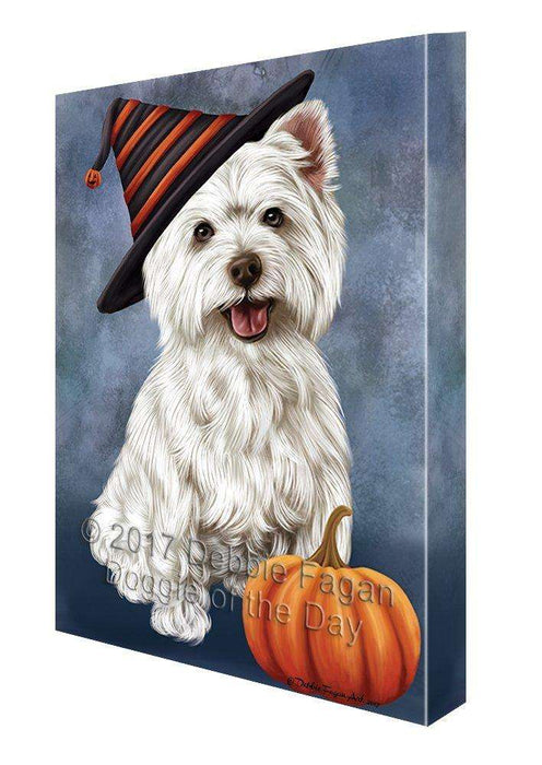 Happy Halloween West Highland Terrier Dog Wearing Witch Hat with Pumpkin Canvas Wall Art