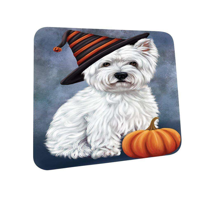Happy Halloween West Highland Terrier Dog Wearing Witch Hat with Pumpkin Coasters Set of 4