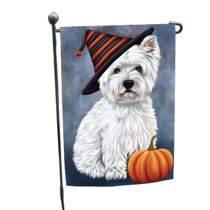 Happy Halloween West Highland Terrier Dog Wearing Witch Hat with Pumpkin Garden Flag