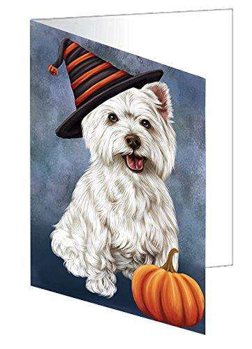 Happy Halloween West Highland Terrier Dog Wearing Witch Hat with Pumpkin Handmade Artwork Assorted Pets Greeting Cards and Note Cards with Envelopes for All Occasions and Holiday Seasons