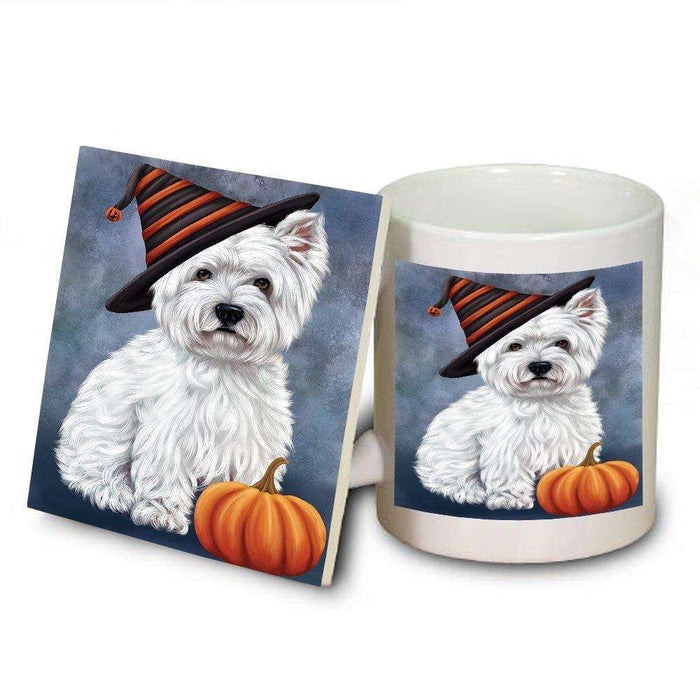 Happy Halloween West Highland Terrier Dog Wearing Witch Hat with Pumpkin Mug and Coaster Set