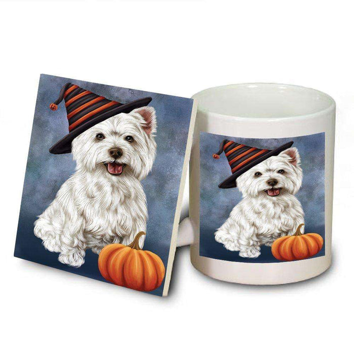 Happy Halloween West Highland Terrier Dog Wearing Witch Hat with Pumpkin Mug and Coaster Set
