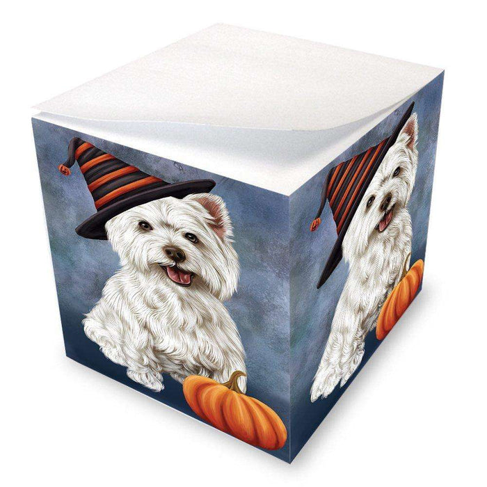 Happy Halloween West Highland Terrier Dog Wearing Witch Hat with Pumpkin Note Cube