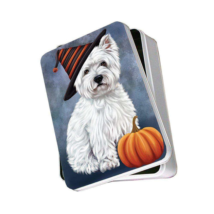 Happy Halloween West Highland Terrier Dog Wearing Witch Hat with Pumpkin Photo Storage Tin