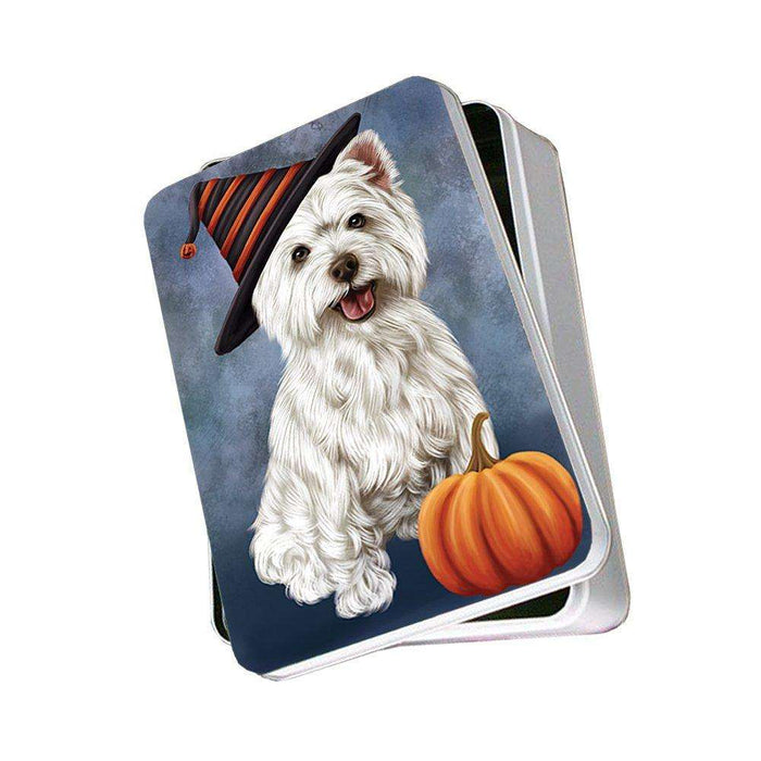 Happy Halloween West Highland Terrier Dog Wearing Witch Hat with Pumpkin Photo Storage Tin