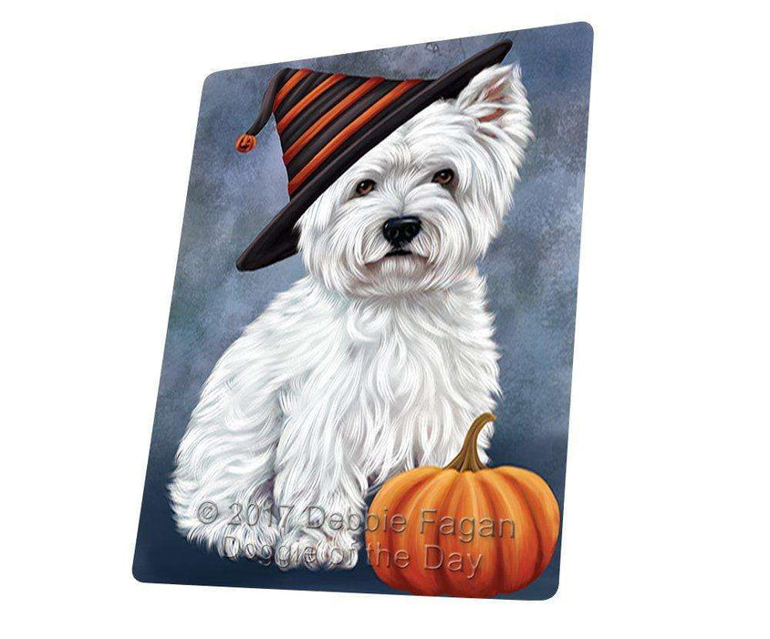 Happy Halloween West Highland Terrier Dog Wearing Witch Hat with Pumpkin Tempered Cutting Board