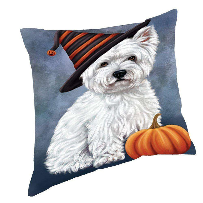 Happy Halloween West Highland Terrier Dog Wearing Witch Hat with Pumpkin Throw Pillow