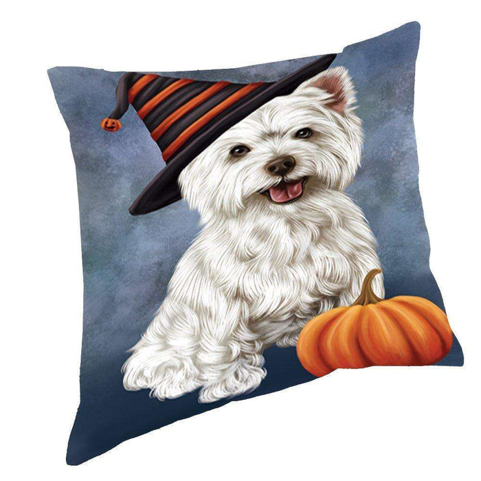 Happy Halloween West Highland Terrier Dog Wearing Witch Hat with Pumpkin Throw Pillow