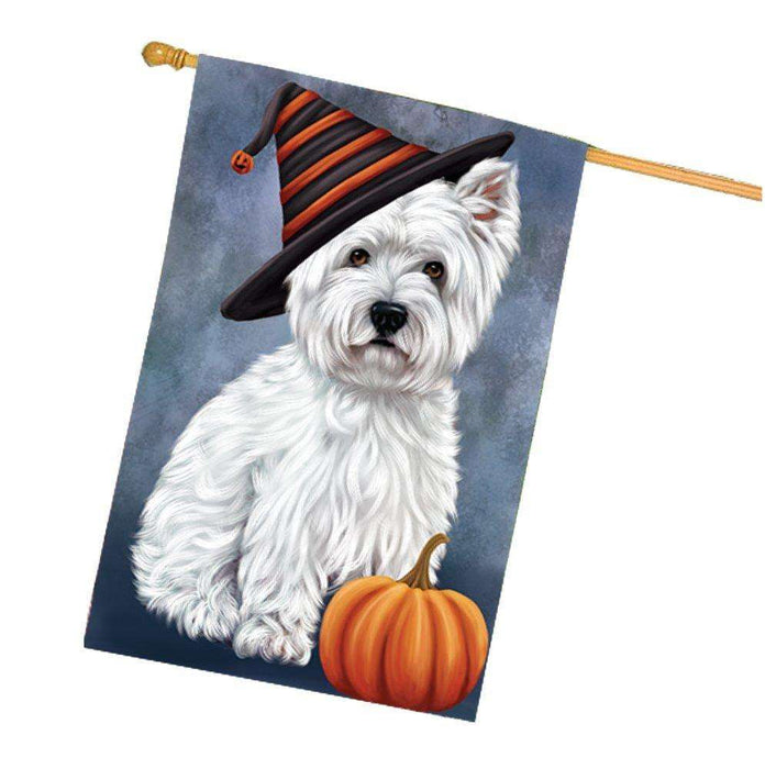 Happy Halloween West Highland Terriers Dog Wearing Witch Hat with Pumpkin House Flag