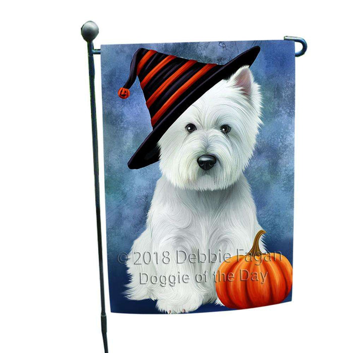 Happy Halloween West Highland White Terrier Dog Wearing Witch Hat with Pumpkin Garden Flag GFLG55002