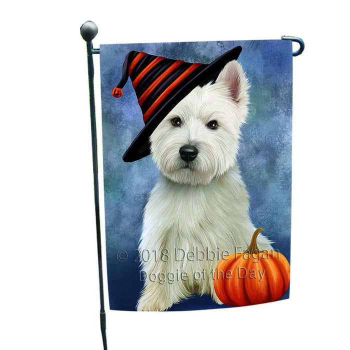 Happy Halloween West Highland White Terrier Dog Wearing Witch Hat with Pumpkin Garden Flag GFLG55004