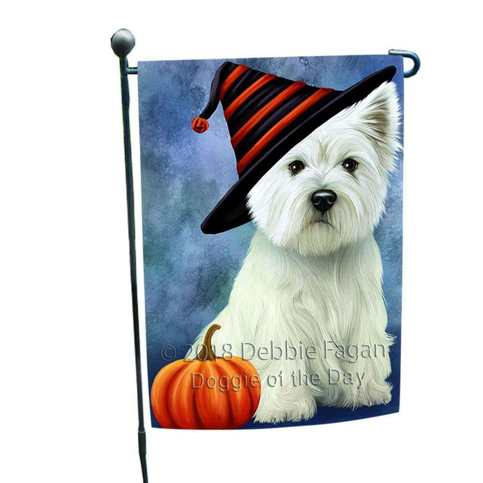 Happy Halloween West Highland White Terrier Dog Wearing Witch Hat with Pumpkin Garden Flag GFLG55005