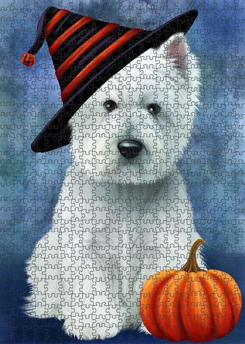 Happy Halloween West Highland White Terrier Dog Wearing Witch Hat with Pumpkin Puzzle  PUZL86916