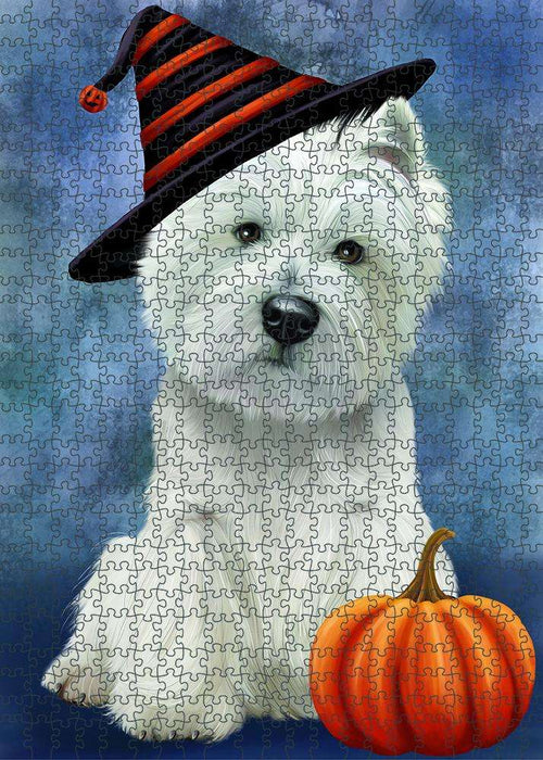 Happy Halloween West Highland White Terrier Dog Wearing Witch Hat with Pumpkin Puzzle  PUZL86920