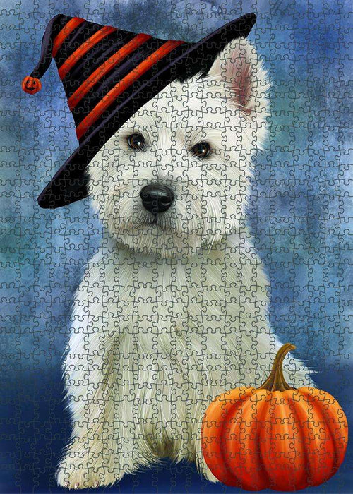 Happy Halloween West Highland White Terrier Dog Wearing Witch Hat with Pumpkin Puzzle  PUZL86924