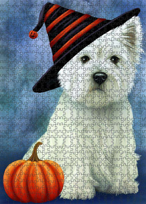 Happy Halloween West Highland White Terrier Dog Wearing Witch Hat with Pumpkin Puzzle  PUZL86928