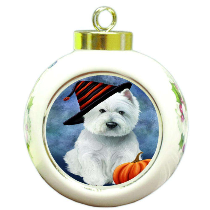 Happy Halloween West Highland White Terrier Dog Wearing Witch Hat with Pumpkin Round Ball Christmas Ornament RBPOR54940