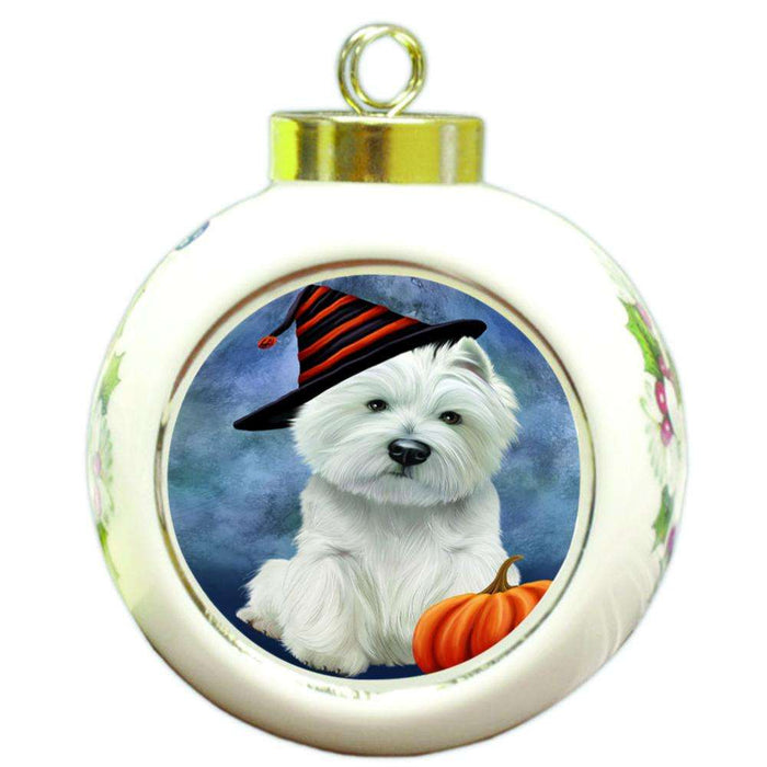 Happy Halloween West Highland White Terrier Dog Wearing Witch Hat with Pumpkin Round Ball Christmas Ornament RBPOR54941