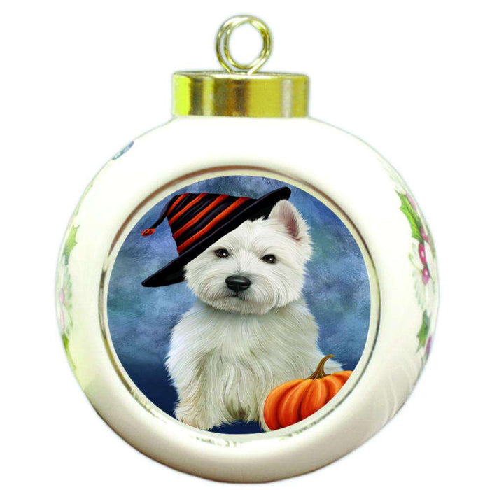 Happy Halloween West Highland White Terrier Dog Wearing Witch Hat with Pumpkin Round Ball Christmas Ornament RBPOR54942