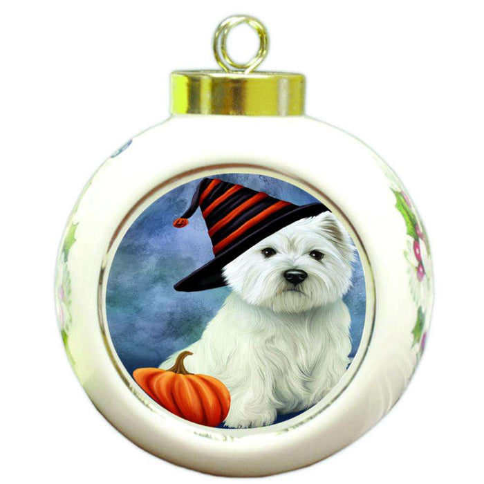 Happy Halloween West Highland White Terrier Dog Wearing Witch Hat with Pumpkin Round Ball Christmas Ornament RBPOR54943