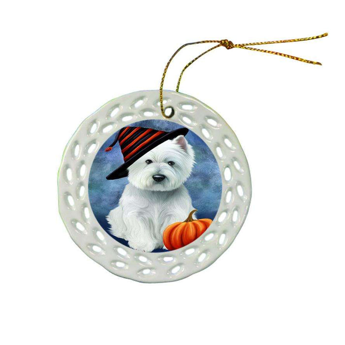 Happy Halloween West Highland White Terrier Dog Wearing Witch Hat with Pumpkin Star Porcelain Ornament SPOR54931