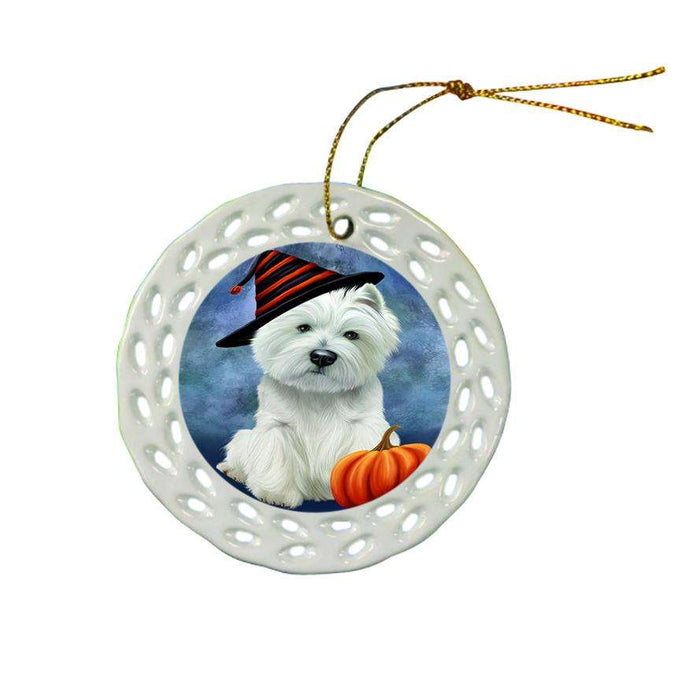 Happy Halloween West Highland White Terrier Dog Wearing Witch Hat with Pumpkin Star Porcelain Ornament SPOR54932