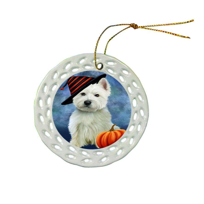 Happy Halloween West Highland White Terrier Dog Wearing Witch Hat with Pumpkin Star Porcelain Ornament SPOR54933