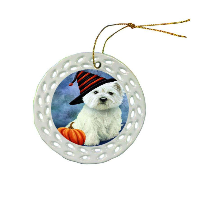 Happy Halloween West Highland White Terrier Dog Wearing Witch Hat with Pumpkin Star Porcelain Ornament SPOR54934