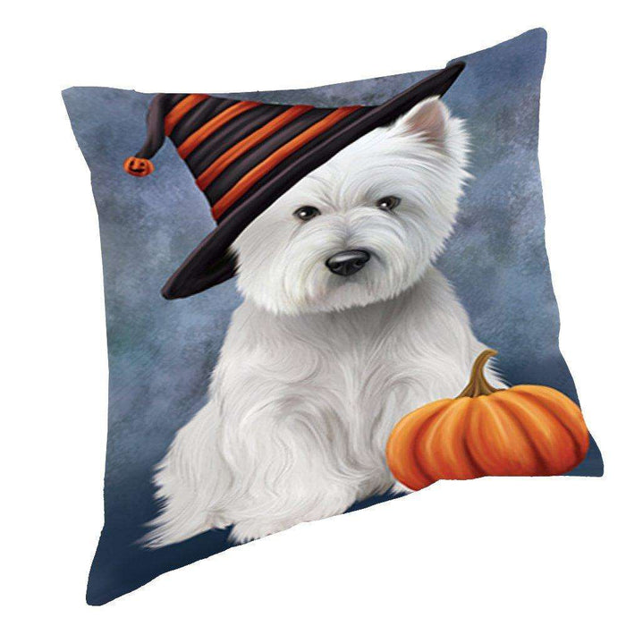 Happy Halloween West Highland White Terrier Dog Wearing Witch Hat with Pumpkin Throw Pillow D234