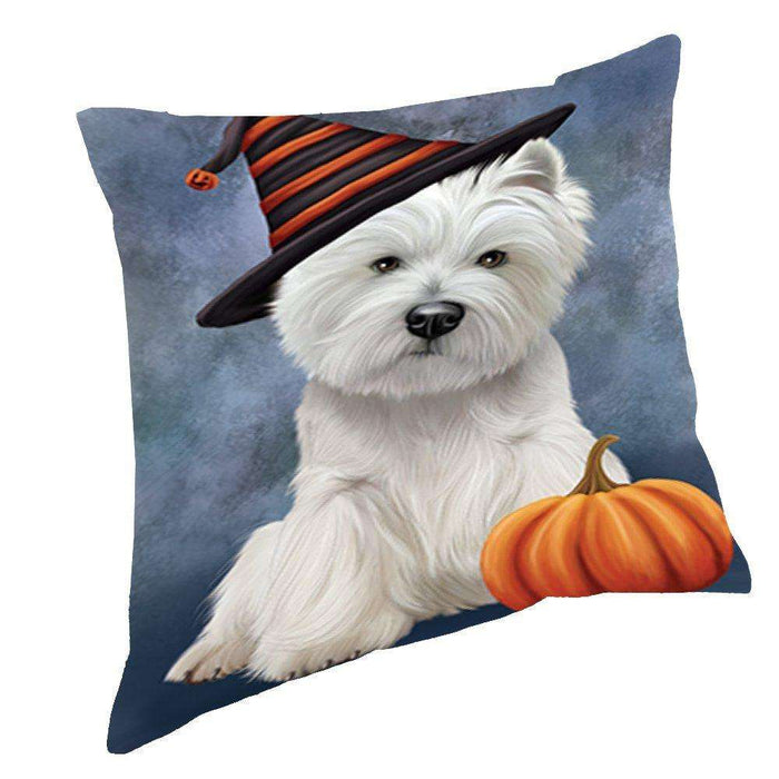 Happy Halloween West Highland White Terrier Dog Wearing Witch Hat with Pumpkin Throw Pillow D236