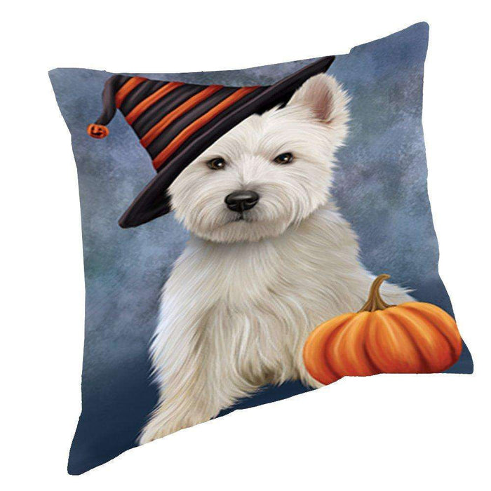 Happy Halloween West Highland White Terrier Dog Wearing Witch Hat with Pumpkin Throw Pillow D238