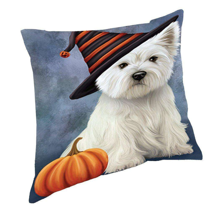 Happy Halloween West Highland White Terrier Dog Wearing Witch Hat with Pumpkin Throw Pillow D239