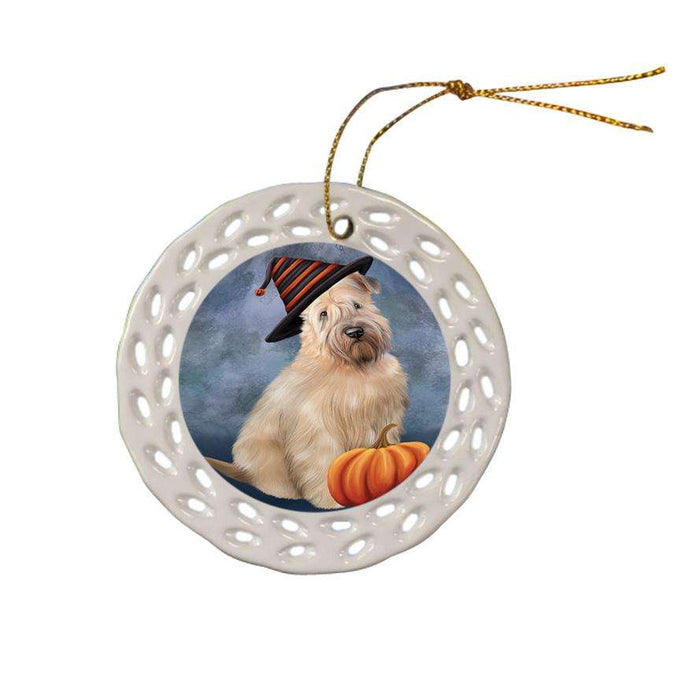 Happy Halloween Wheaten Terrier Dog Wearing Witch Hat with Pumpkin Ceramic Doily Ornament DPOR54878