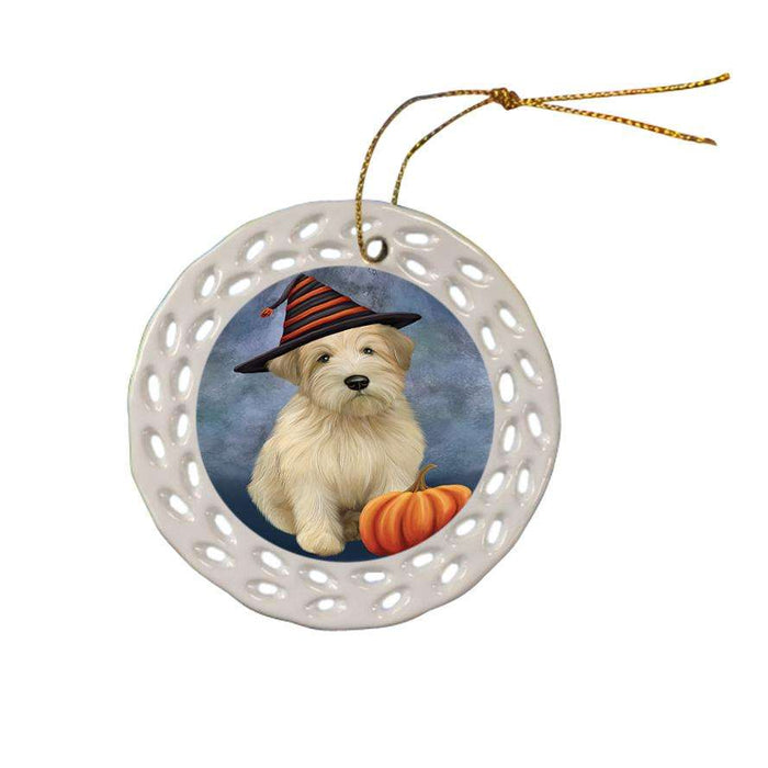 Happy Halloween Wheaten Terrier Dog Wearing Witch Hat with Pumpkin Ceramic Doily Ornament DPOR54879