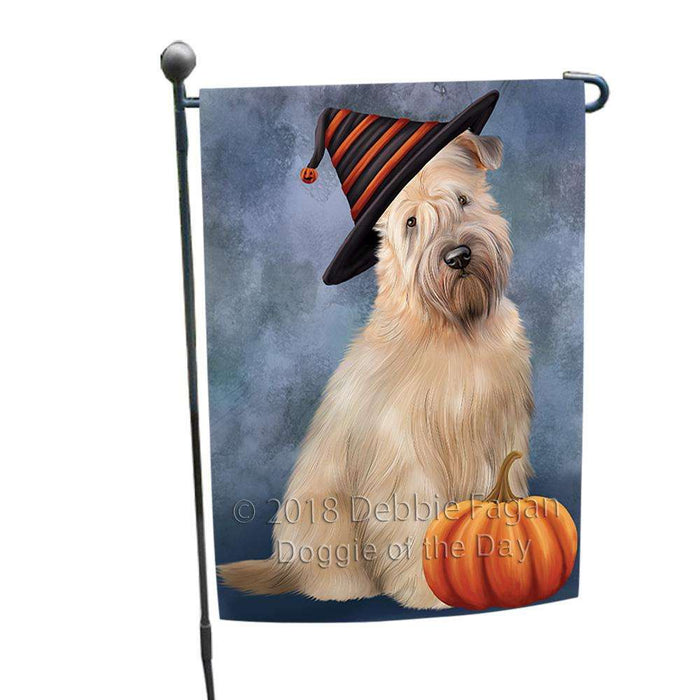 Happy Halloween Wheaten Terrier Dog Wearing Witch Hat with Pumpkin Garden Flag GFLG54940