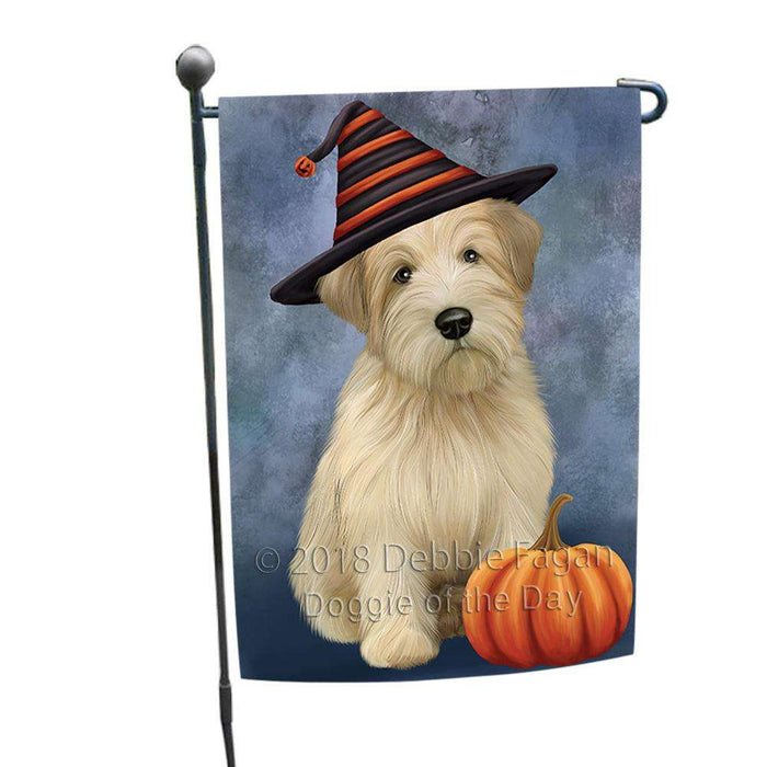 Happy Halloween Wheaten Terrier Dog Wearing Witch Hat with Pumpkin Garden Flag GFLG54941