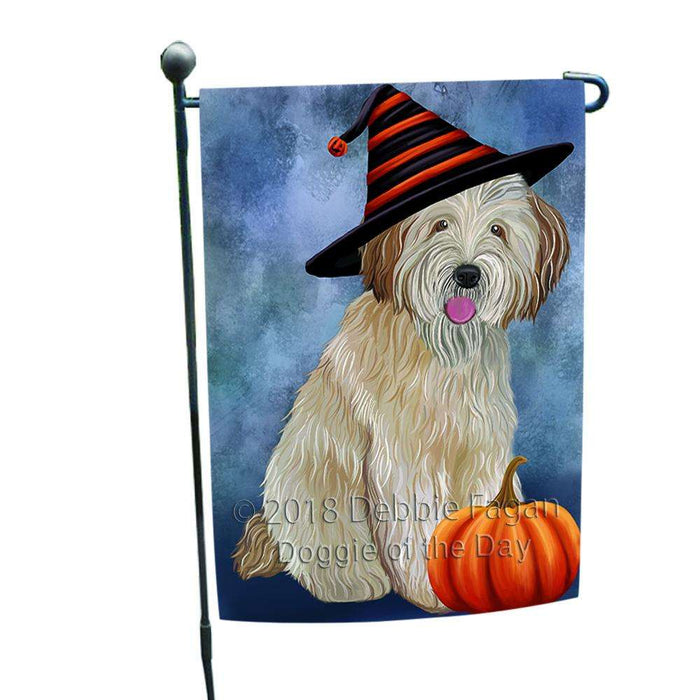 Happy Halloween Wheaten Terrier Dog Wearing Witch Hat with Pumpkin Garden Flag GFLG55006
