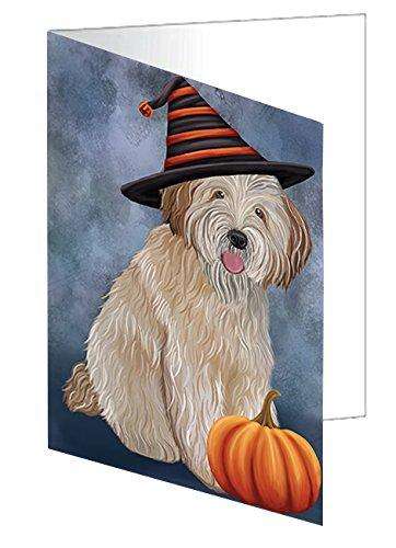 Happy Halloween Wheaten Terrier Dog Wearing Witch Hat with Pumpkin Handmade Artwork Assorted Pets Greeting Cards and Note Cards with Envelopes for All Occasions and Holiday Seasons D169