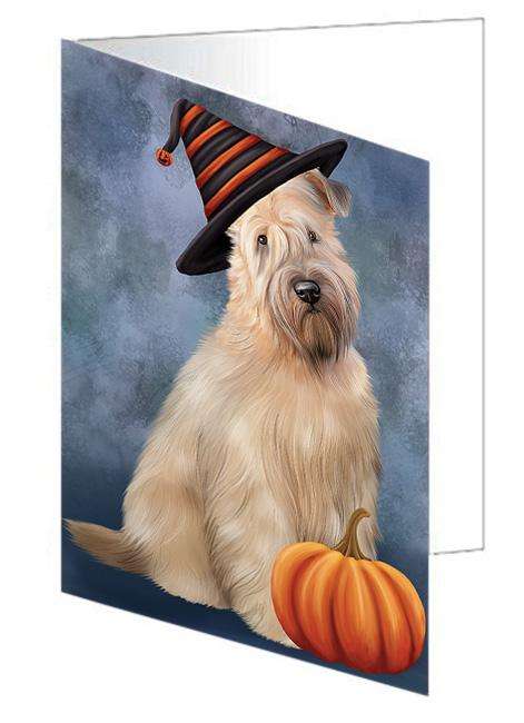 Happy Halloween Wheaten Terrier Dog Wearing Witch Hat with Pumpkin Handmade Artwork Assorted Pets Greeting Cards and Note Cards with Envelopes for All Occasions and Holiday Seasons GCD68663