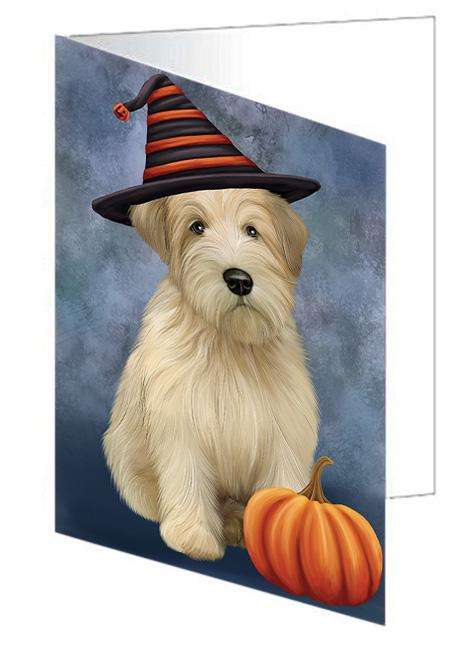 Happy Halloween Wheaten Terrier Dog Wearing Witch Hat with Pumpkin Handmade Artwork Assorted Pets Greeting Cards and Note Cards with Envelopes for All Occasions and Holiday Seasons GCD68666