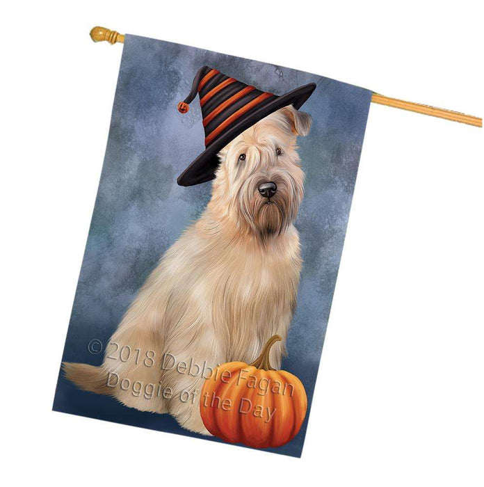 Happy Halloween Wheaten Terrier Dog Wearing Witch Hat with Pumpkin House Flag FLG55076