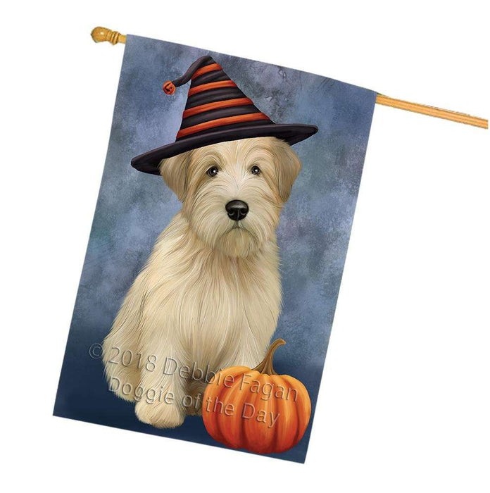Happy Halloween Wheaten Terrier Dog Wearing Witch Hat with Pumpkin House Flag FLG55077