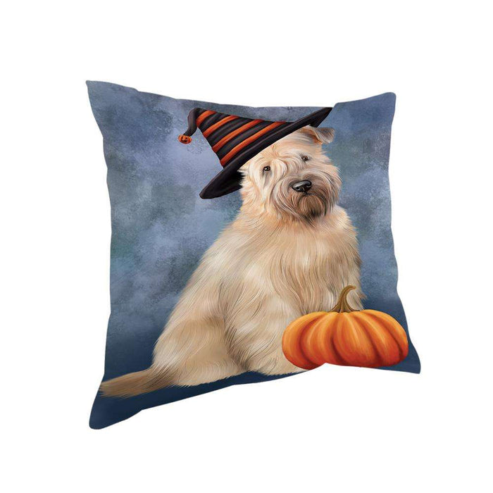 Happy Halloween Wheaten Terrier Dog Wearing Witch Hat with Pumpkin Pillow PIL76136