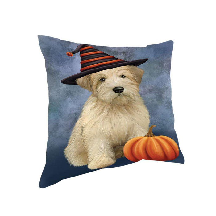 Happy Halloween Wheaten Terrier Dog Wearing Witch Hat with Pumpkin Pillow PIL76140