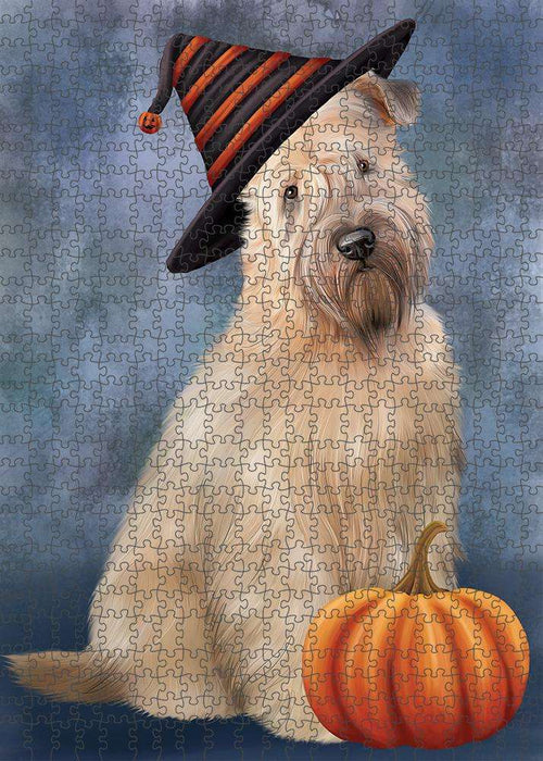 Happy Halloween Wheaten Terrier Dog Wearing Witch Hat with Pumpkin Puzzle with Photo Tin PUZL86668